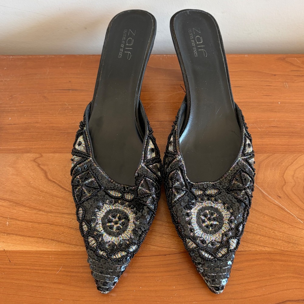 Zair by Shalimar Shoes Black Beaded Sequin Kitten Heel Mules Pointed Toe Size 8
